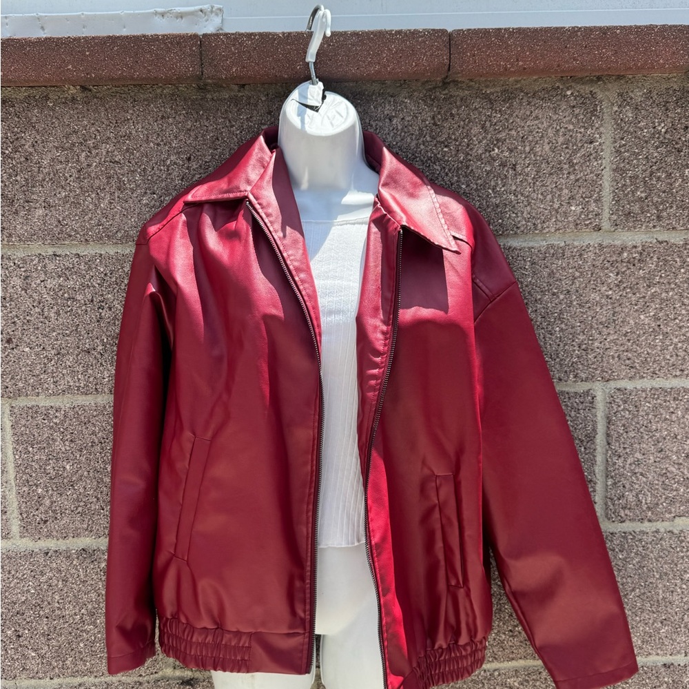 SHEIN Red Leather Jacket Stylish Outerwear